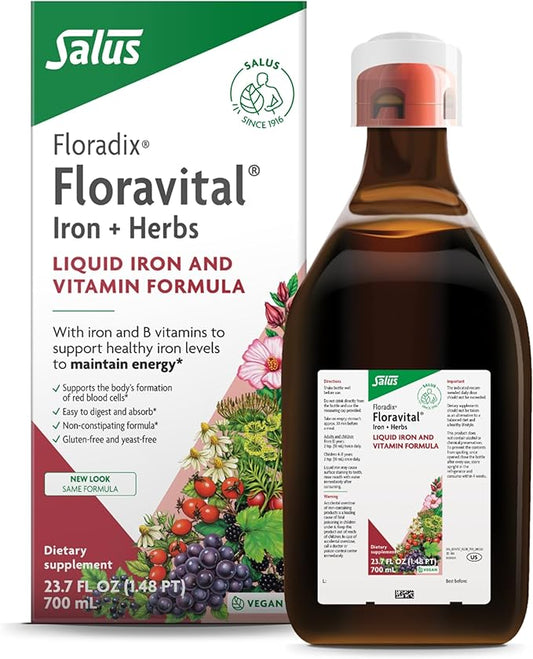 Floradix Floravital Liquid Iron & Vitamins Formula - Liquid Iron Supplement with B Complex Vitamins, Vitamin C & Herbs for Energy Support* - Vegan, Gluten-Free, Yeast- Free, Non-GMO - 23.7 Fl Oz