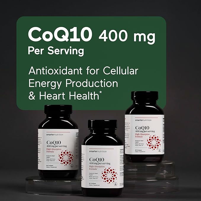 Smarter Nutrition CoQ10 400 mg High Absorption - Naturally Fermented Ubiquinone w/Organic Cold-Pressed Olive Oil - for Heart Health, Cellular Energy - Non-GMO, Gluten Free - 60 Count[30-Day Supply]