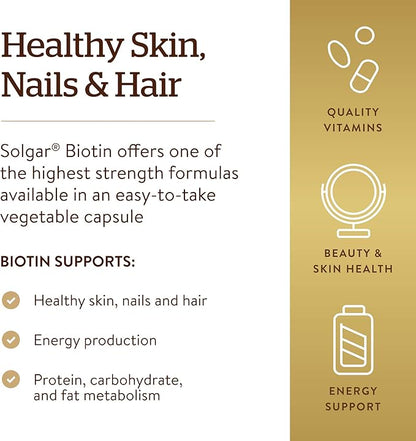 Solgar Biotin 10000 mcg Vegetable Capsules Energy Metabolism Promotes Healthy Skin Nails Hair Super High Potency NonGMO Vegan Gluten Free Dairy Free Kosher Servings, Standard Packaging, Unflavored, 120 Count