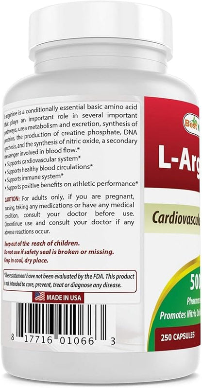 Best Naturals L-Arginine 500mg 250 Capsules - Pharmaceutical Grade L Arginine supplement promotes nitric oxide synthesis