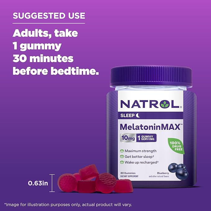 Natrol Melatonin 10mg Sleep Aid Supplement, 80 Count MelatoninMax Gummies, Blueberry Flavor, 10 mg Melatonin Gummies for Occasional Sleeplessness, 80 Day Supply