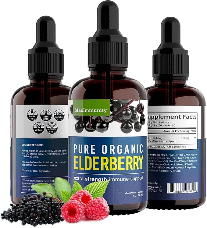 Organic Elderberry Syrup, 60 Day Supply, Black Liquid Drops for Immune Support, Sambucus Elderberry Syrup - Liquid Extract Drops for Kids & Adults - Extra Strength (2 Pack)