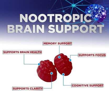 Brain Supplement Gummies for Concentration Memory & Focus Support - Brain Clarity Health with B6 B12, Phosphatidylserine, Coffee Extract, Nootropics Cognitive Vitamins for Adults - 60 Vegan Gummies
