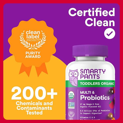 SmartyPants Organic Toddler Multivitamin Gummies: Probiotics, Omega 3 (ALA), Vitamin D3, C, Vitamin B12, B6, A, K & Zinc, Beta Carotene, Gluten Free, Three Fruit Flavors, 60 Count (30 Day Supply)