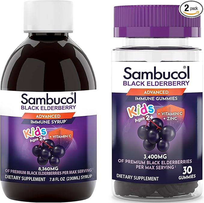 Sambucol Black Elderberry Syrup and Gummies for Kids - Elderberry Syrup Kids, Kids Elderberry Gummies, Black Elderberry Syrup for Kids, Sambucus Kids - 7.8 Fl Oz, 30 Gummies Bundle