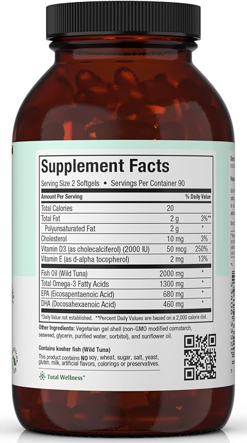 Omega 3 Supplement - Omega-3 Fish Oil Triple Concentrate with Vitamin D3 - Potent Source of EPA/DHA Fatty Acids - Heart, Brain, Joint Health - Kosher Certified Wild Caught Marine Fish - 180 Softgels