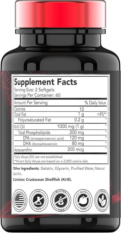 Antarctic Krill Oil 1000mg - 120 Softgels with Astaxanthin | 1000mg Red Krill Oil, 200 mg Phospholipids, 120 mg EPA, 80 mg DHA, 200 mcg Astaxanthin | Potent & Pure Omega-3 Cold Water Antarctic Krill
