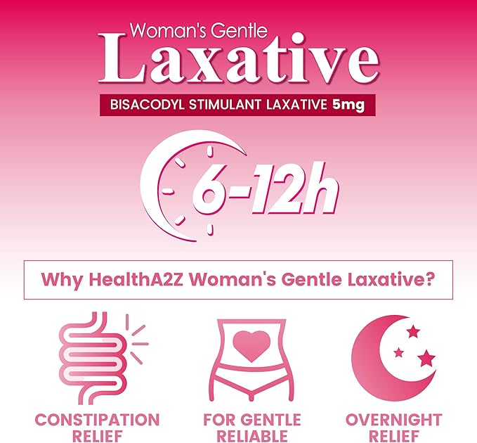 HealthA2Z® Woman's Gentle Laxative | Bisacodyl Stimulant Laxative 5mg | Constipation Relief | Gentle and Reliable | Overnight Relief (24 Pack x 25 Tablets Each (600 Total))
