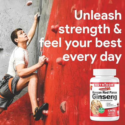 Panax Ginseng Korean-Red 8,300mg per Day, 10% Ginsenosides, Non-GMO, Vegan, Gluten-Free, Soy-Free, and Dairy-Free, 90 Veggie Capsules