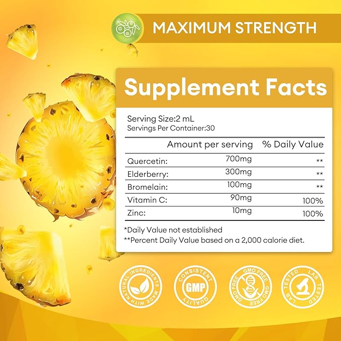 (2 Pack) Quercetin Liquid Drops - Quercetin Supplements 700mg - 4X Stronger Than Pills & Capsules - 5 in 1 Quercetin with Bromelain Elderberry Vitamin for Immunity Respiratory Wellness- 2 Fl Oz*2