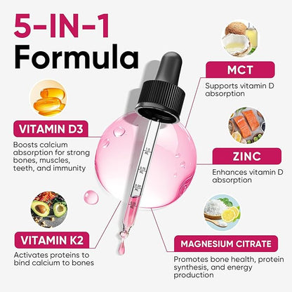 Venture Pal Vitamin D3 10000 IU Drops Plus K2 200 mcg with Magnesium, MCT Oil, Zinc, Vitamin D Liquid |Maximum Absorption for Bone, Mood & Immune Health (Raspberry, 2 Fl Oz)