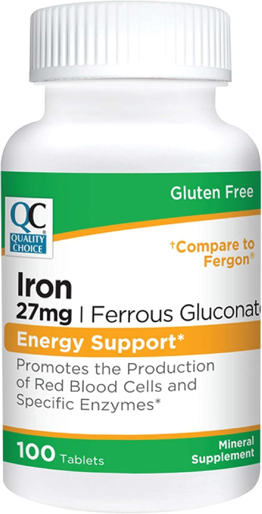 Quality Choice Energy Support Iron 27 mg Ferrous Gluconate Tablets 100 Count