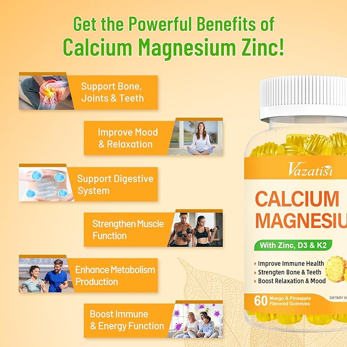 Calcium Magnesium Zinc Gummies with Vitamin D3 and K2, High Absorption Magnesium Glycinate Potassium for Immune and Calm Mood, Vegan Mango and Pineapple Flavor 60 Gummies