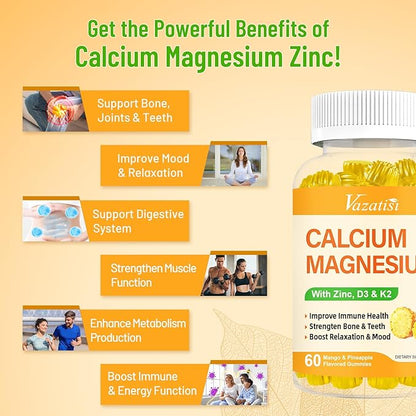 Calcium Magnesium Zinc Gummies with Vitamin D3 and K2, High Absorption Magnesium Glycinate Potassium for Immune and Calm Mood, Vegan Mango and Pineapple Flavor 60 Gummies