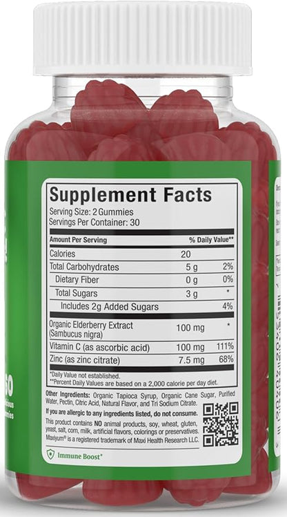 Elderberry Zinc Gummies - Organic Sambucus Elderberry Gummies with Zinc and Vitamin C - Vegan Immune Support for Adults and Kids - Chewable Elderberries Supplements for Immunity Boost - 60 Gummies