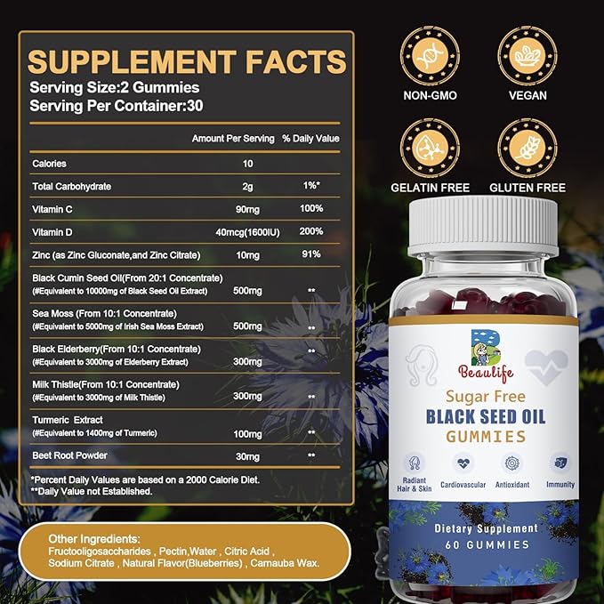 （2pack）Black Seed Oil Gummies, Black Seed Oil, with Sea Moss, Ashwagandha, Elderberry, Turmeric, Vitamin C, D, zinc, Beet Root Powder, Support Immune System, Cardiovascular Health, Radiant Hair& Skin