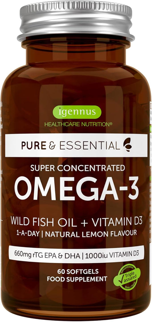 Igennus Advanced rTG Omega-3 IFOS Certified Wild Fish Oil & Vitamin D3, 1-a-Day, Fatty Acids EPA & DHA, Fast-Acting Triglyceride Form, Ultra Pure & Non-GMO, 60 Softgels