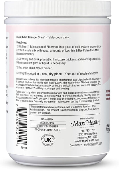 Maxi Health Fibermax Powder - Cleansing Formula - Laxative for Men and Women with Psyllium Husk - 14 Ounce Bottle - Kosher Daily Fiber Supplement