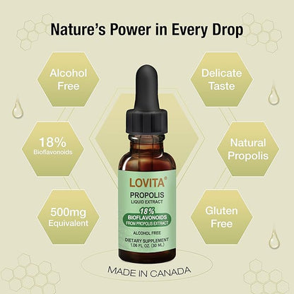 Lovita Bee Propolis 500 mg Liquid Extract | 5:1 Propolis Extract | Alcohol Free | Immune Support | 1 Fl Oz