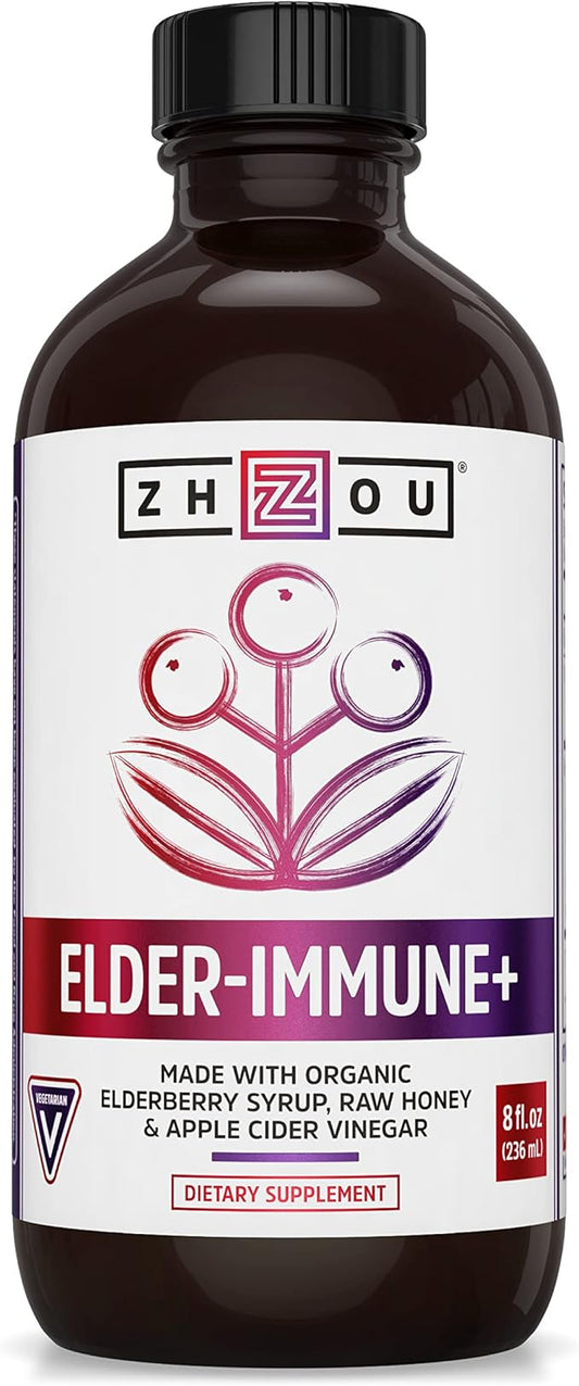 Zhou Nutrition Elder-Mune+ Syrup - Organic Black Elderbery Syrup for Adults, Immune Support Elixir with Apple Cider Vinegar, Echinacea Tincture, Natural Wellness - 8 Fl Oz Glass Bottle