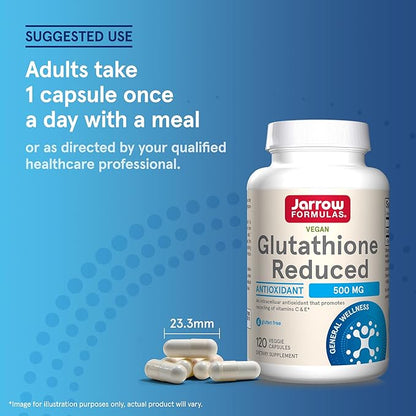 Jarrow Formulas Glutathione Reduced 500 mg- 120 Veggie Capsules- Intracellular Antioxidant- Quality Glutathione Supplements- Supports Recycling of Vitamins C & E- Non-GMO- Gluten Free- Vegan, 12 Packs