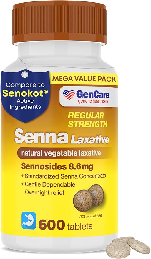 GenCare Senna Laxative 600 Tablets Senna 8.6mg Tablets with Natural Sennosides | Laxatives for Constipation, Bloating, Gas & Irregularity Relief. Safe & Effective | Generic for Senokot