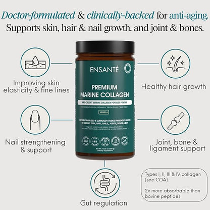 ENSANTE Premium Marine Collagen Peptides Powder Vanilla, Clinically Backed Type I II III IV Collagen, Wild Deep Sea Fish Collagen with Organic Camu Camu Vitamin C for Hair Skin Nail Joint, Lab Tested