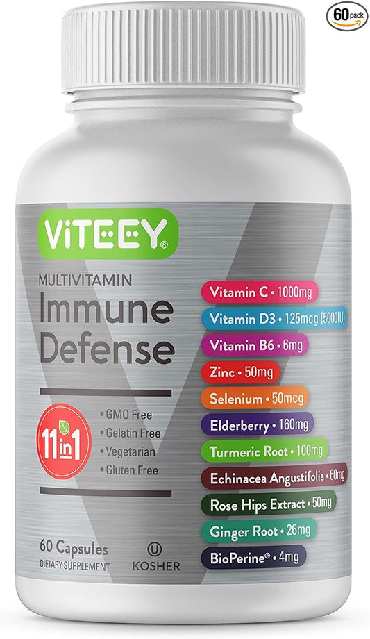 Viteey 11 in 1 Multivitamin Immune Defense Supplement - Immune Booster Capsules with Vitamin D3, Vitamin B6, Echinacea, Turmeric, Rose-HIPS, Selenium, BioPerine, Ginger, Elderberry Vitamin C and Zinc