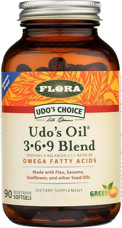 Flora Health Udo's Oil 3-6-9 Blend, Balanced Omega Fatty Acids from Flax, Sesame, Sunflower 90 Vegetarian Softgels