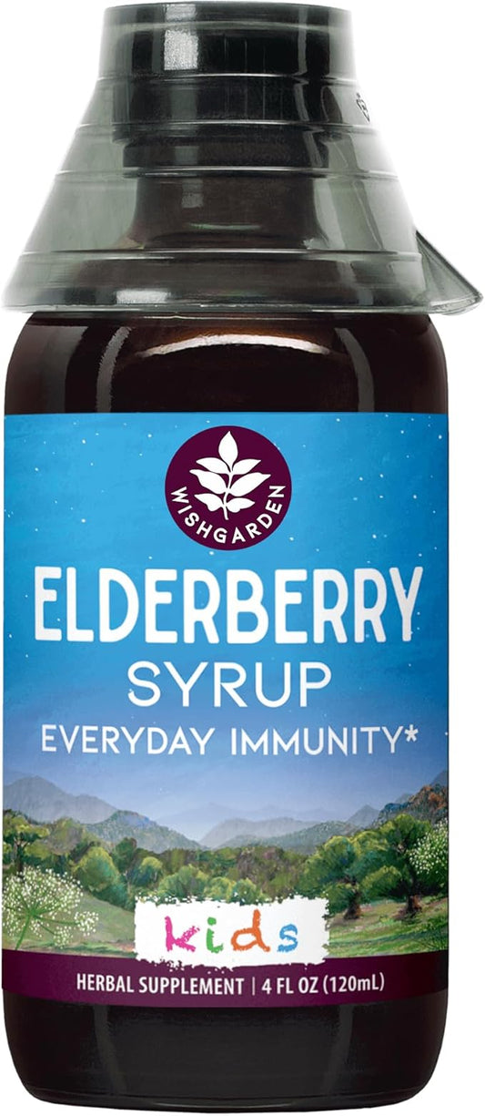 WishGarden Herbs Organic Elderberry Syrup for Kids - Childrens Elderberry Syrup with Black Elderberry, Astragalus, Orange Peel & Honey, Daily Immune Booster for Kids, Children 1+, No Sugar Added, 4oz