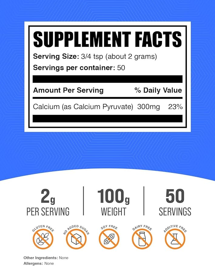 BulkSupplements.com Calcium Pyruvate Powder - Calcium Powder Supplement - Vegan & Gluten Free, 2g per Serving, 100g (3.5 oz) (Pack of 1)