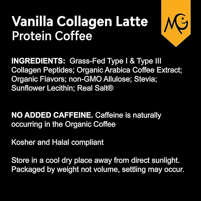 MariGold High Protein Collagen Coffee - Vanilla Collagen Latte, Dairy Free, 20g Grass-Fed Type I & III Collagen Peptides, Energy Boost, 2 Shots Organic Espresso, Non-GMO, 1 Lb Bag, 15 Servings