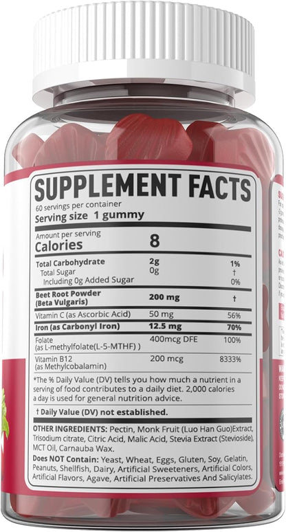 Beet Root Gummies with Iron, Methyl B12, Folate, Vitamin C - Made in USA - Increase Nitric Oxide & Iron Levels, Energy Support, Fight Fatigue, Beetroot & Gentle Iron Supplement, Sugar Free, 60 Counts