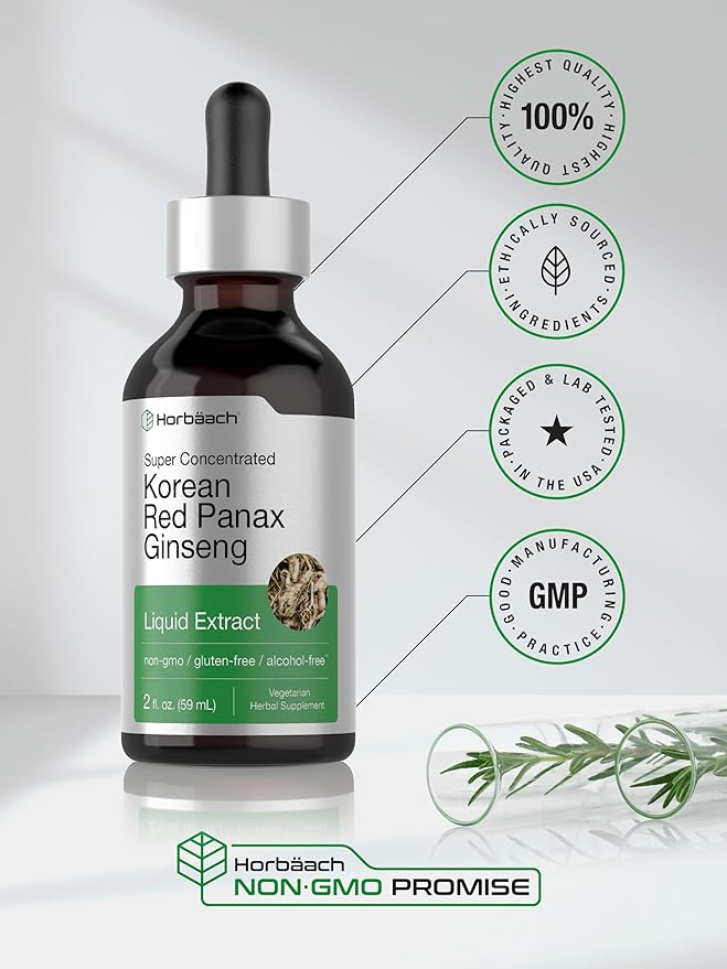 Horbäach Korean Red Panax Ginseng Liquid Extract | 2 Fl Oz | Vegetarian & Alcohol Free Supplement for Men and Women | Non-GMO, Gluten Free