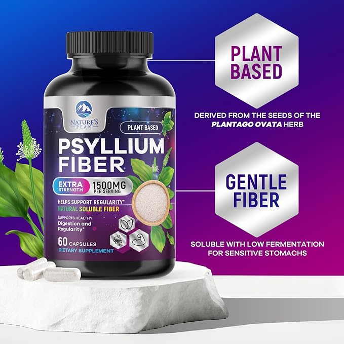 Psyllium Husk Powder Caps 1500mg - Non-GMO, Natural Soluble Fiber for Daily Digestive Health & Regularity Support, Vegan Psyllium Fiber Supplement with Plant Based Fiber, Sugar Free - 60 Capsules