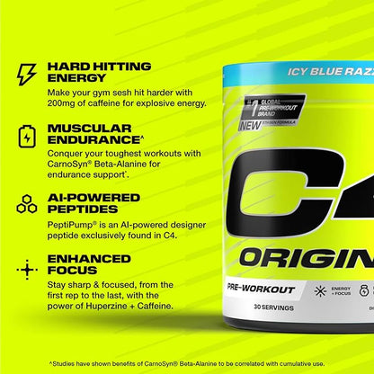 Cellucor C4 Original Pre Workout Powder Sugar Free for Men & Women 200mg Caffeine + CarnoSyn Beta-Alanine + Creatine + AI Peptides - ICY Blue Razz, 30 Servings