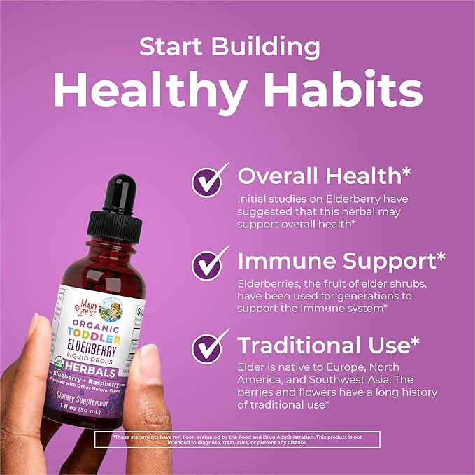 MaryRuth Organics Toddler Elderberry Syrup, USDA Organic Elderberry, Sugar Free Kids Immune Support Supplement for Ages 1-3 Years, Clean Label Project Verified®, Vegan, Non-GMO, Gluten Free, 1 Fl Oz