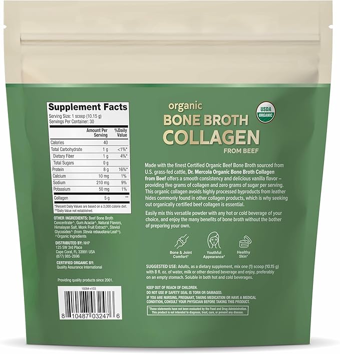 Dr. Mercola Organic Bone Broth Collagen Powder - Supports Bone Health & Muscle Growth - USDA Organic, Non-GMO, Gluten-Free & Dairy-Free - 30 Servings - Vanilla Flavor