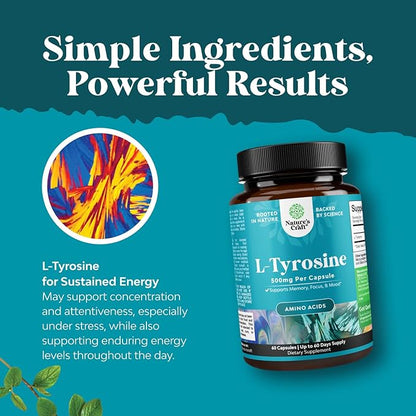 Free Form L Tyrosine 500mg Capsules - High Strength L-Tyrosine Supplement for Mental Energy and Focus Support - Amino Acid Nootropic Supplement for Mood Focus Attention and Cognition (60 Count)
