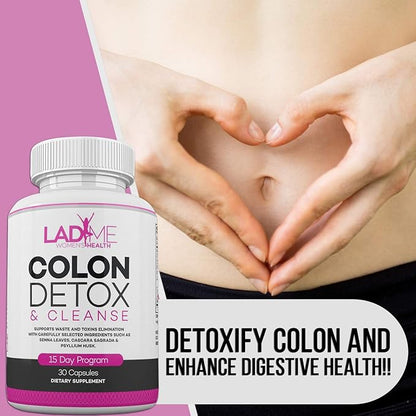 Pure Colon Cleanse & Detox 15 Day Program - Herbal Laxative Constipation Relief with Psyllium Husk, Cascara Sagrada & Senna Leaves - Special Women Intestinal Cleanser by Ladyme - 30 Capsules