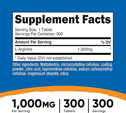 Nutricost L-Arginine 1000mg, Amino Acid Tablets (300 Tablets)