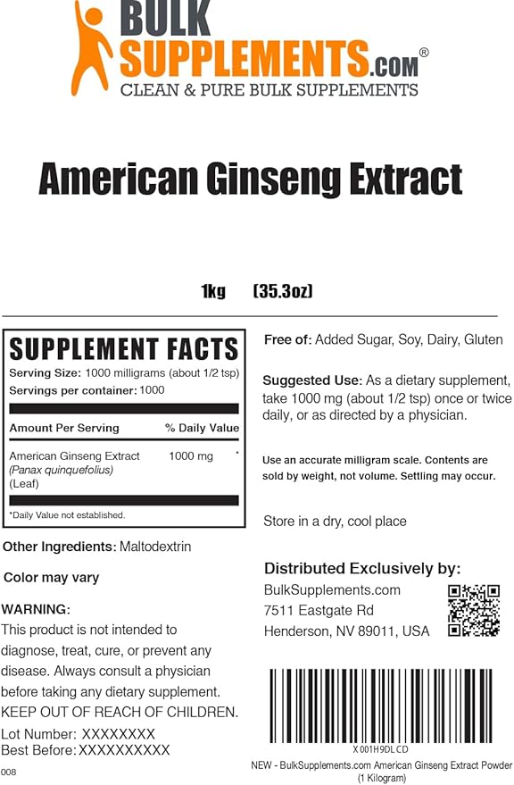 BulkSupplements.com American Ginseng Extract Powder - Ginseng Supplement, Herbal Supplements - Gluten Free, 1g per Serving, 1kg (2.2 lbs) (Pack of 1)