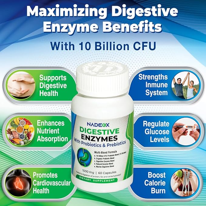 Digestive ENZYMES 1000MG + Prebiotics and Probiotics for Women and Men - 60 Capsules