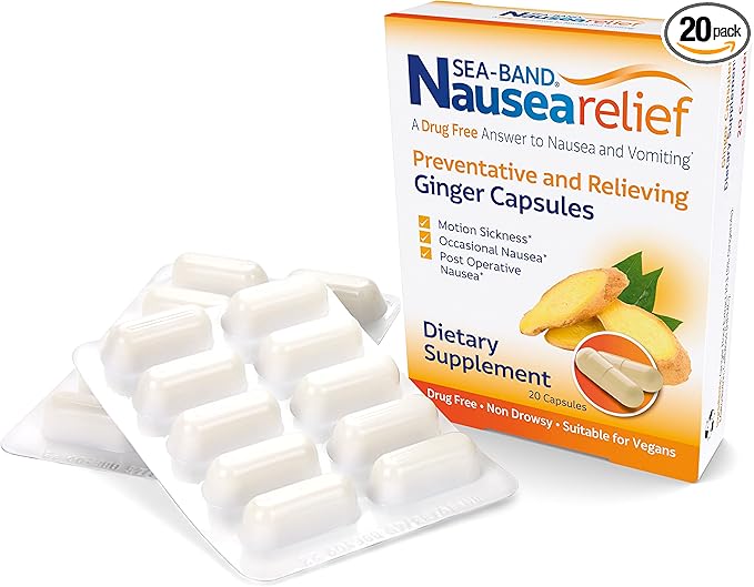 Sea-Band Anti-Nausea Ginger Capsules for Motion Sickness and Nausea Relief