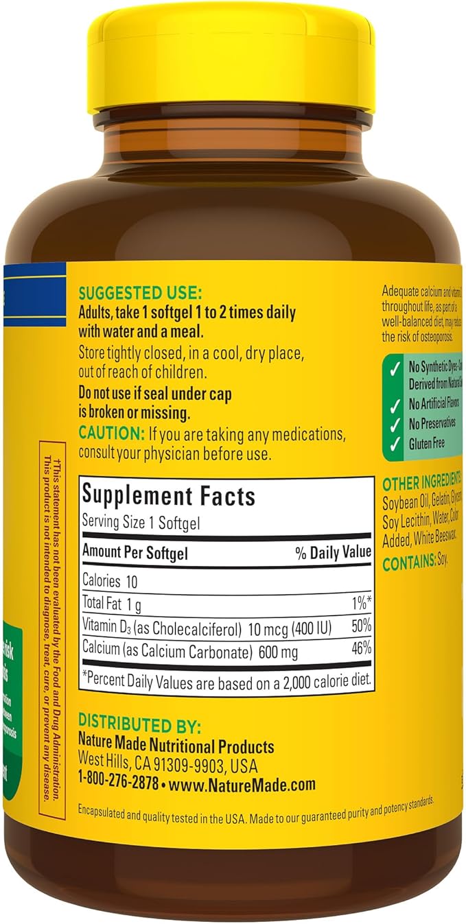 Nature Made Calcium 600 mg with Vitamin D3, Dietary Supplement for Bone Support, 100 Softgels