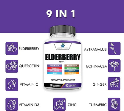 American Standard Supplements Elderberry Extract with Quercetin, Vitamin C, D3, Ginger, Zinc, Turmeric & Echinacea – Immune Support Supplement – – 60 Capsules