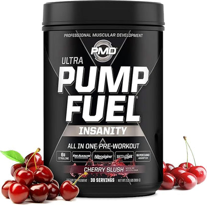 PMD Sports Ultra Pump Fuel Insanity - Pre Workout Drink Mix for Energy, Strength, Endurance, Recovery - Complex Carbohydrates and Amino Energy - Cherry Slush (30 Servings)