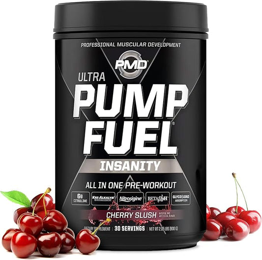 PMD Sports Ultra Pump Fuel Insanity - Pre Workout Drink Mix for Energy, Strength, Endurance, Recovery - Complex Carbohydrates and Amino Energy - Cherry Slush (30 Servings)