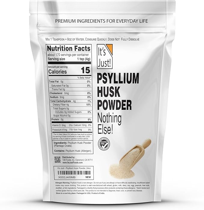 It's Just! - Psyllium Husk Powder, Easy Mixing Dietary Fiber, Cleanse Your Digestive System, Finely Ground Powder, Ideal for Keto Baking, Non-GMO (Unflavored, 24oz (Pack of 1))