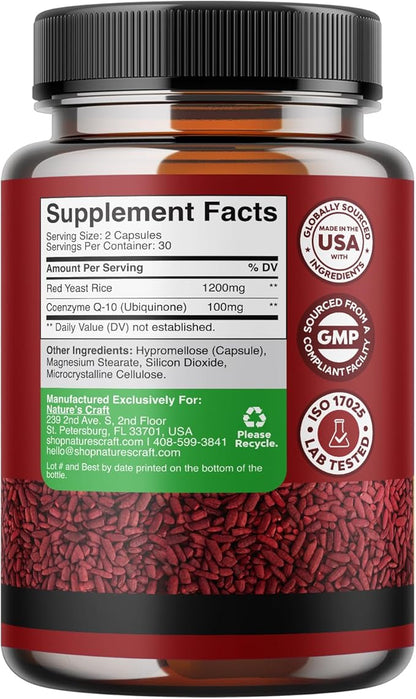 Red Yeast Rice with CoQ10 Supplement - Extra Strength Red Yeast Rice 1200 mg. Capsules with CoQ10 100mg Per Serving - Heart Health Supplement 3rd Party Tested Vegan Non-GMO & Citrinin-Free (1 Month)